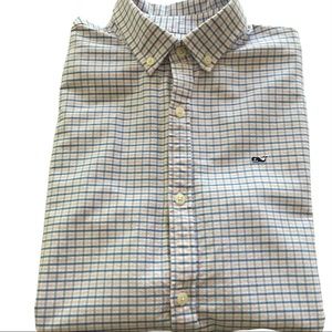 Vineyard Vines Boys Whale Shirt Blue Pink Check 100% Cotton XL-18 Like New!